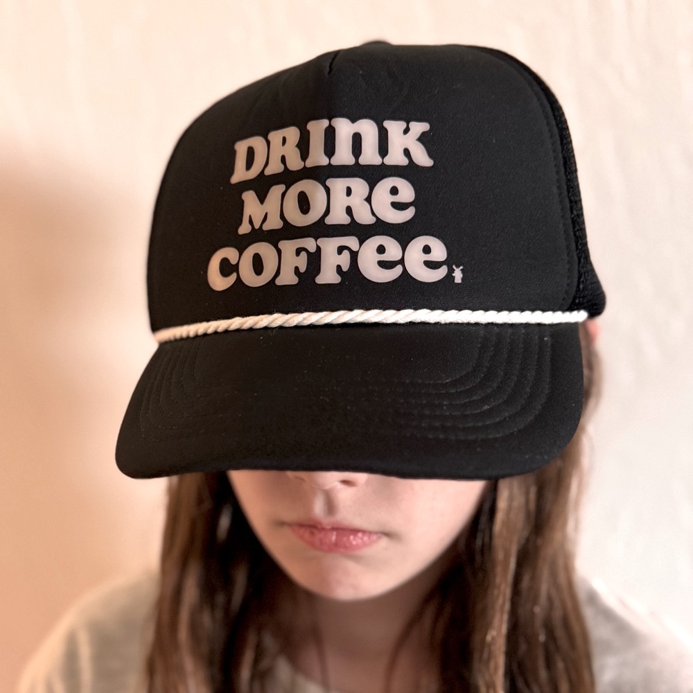 Dutch Bros Drink more Coffee Black Trucker Hat with White Text